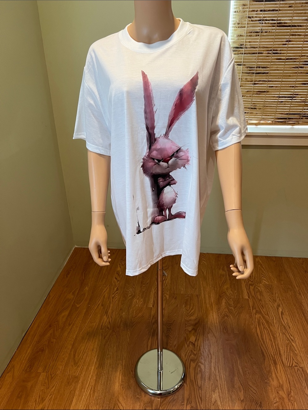White Graphic Tee with Pink Crabby Bunny Graphic Size XL